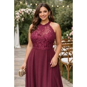 Lulus Wine Lace Bodice‎ Chiffon Maxi Gown Size XL New With Tags Wedding Guest
